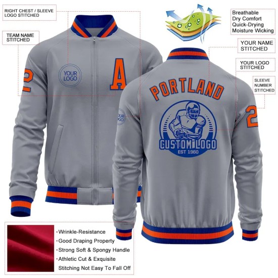 Custom Gray Orange-Royal Bomber Varsity Letterman Zipper Jacket