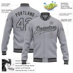 Custom Gray Black Bomber Full-Snap Varsity Letterman Jacket Custom Gray Black Bomber Full-Snap Varsity Letterman Jacket