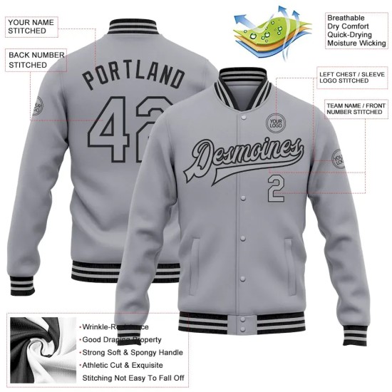 Custom Gray Black Bomber Full-Snap Varsity Letterman Jacket Custom Gray Black Bomber Full-Snap Varsity Letterman Jacket