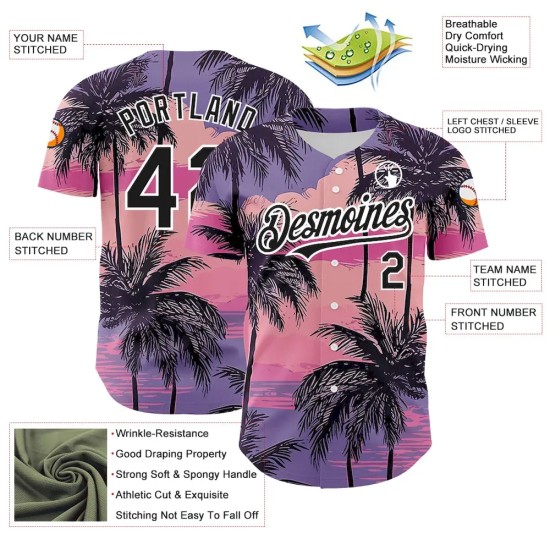 Custom Purple Black-White 3D Pattern Design Beach Hawaii Palm Trees Authentic Baseball Jersey
