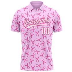 Custom Pink White 3D Pink Ribbon Breast Cancer Awareness Month Women Health Care Support Performance Polo Shirt