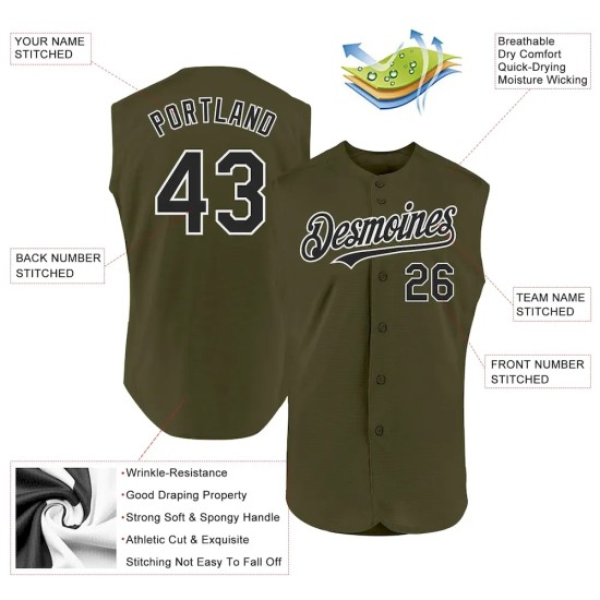 Custom Olive Black-White Authentic Sleeveless Salute To Service Baseball Jersey