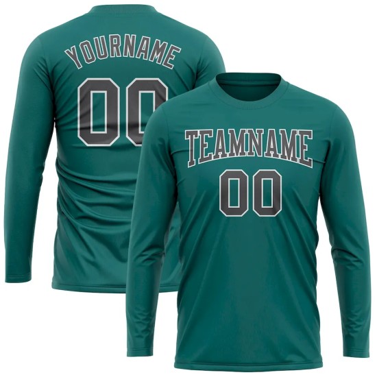 Custom Aqua Steel Gray-White Long Sleeve Performance T-Shirt