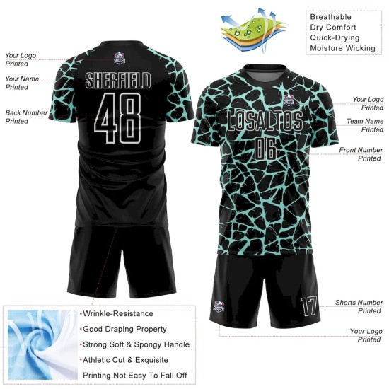 Custom Black Ice Blue-White Abstract Network Splash Sublimation Soccer Uniform Jersey